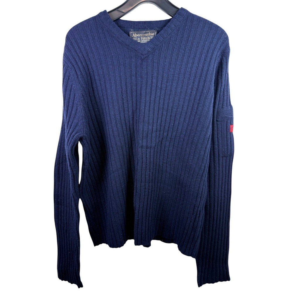 Abercrombie & Fitch Mens XL Navy Blue Lambswool Ribbed VTG Y2k 2000s preppy Logo